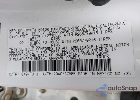 2015 Toyota Tacoma Base V6/Trd Pro из США, поврежденный, VIN 3TMLU4EN6FM185335